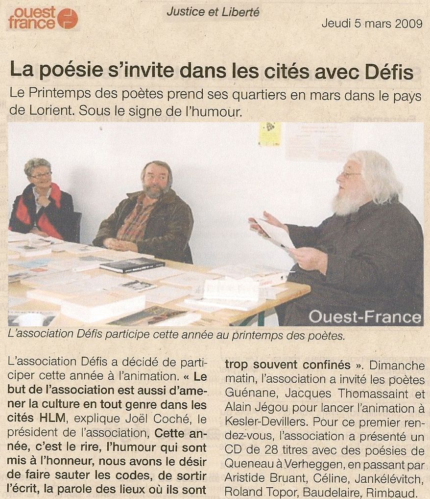 La poésie s'invite dans les cités avec Défis... - Ouest France 5 Mars 2009