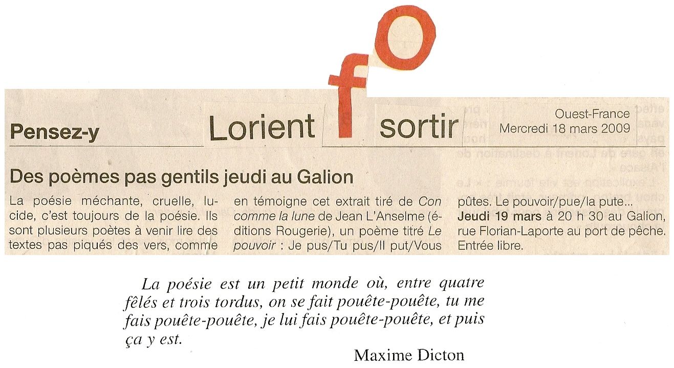 Des poèmes pas gentils au Galion...  Ouest France 18 Mars 2009.