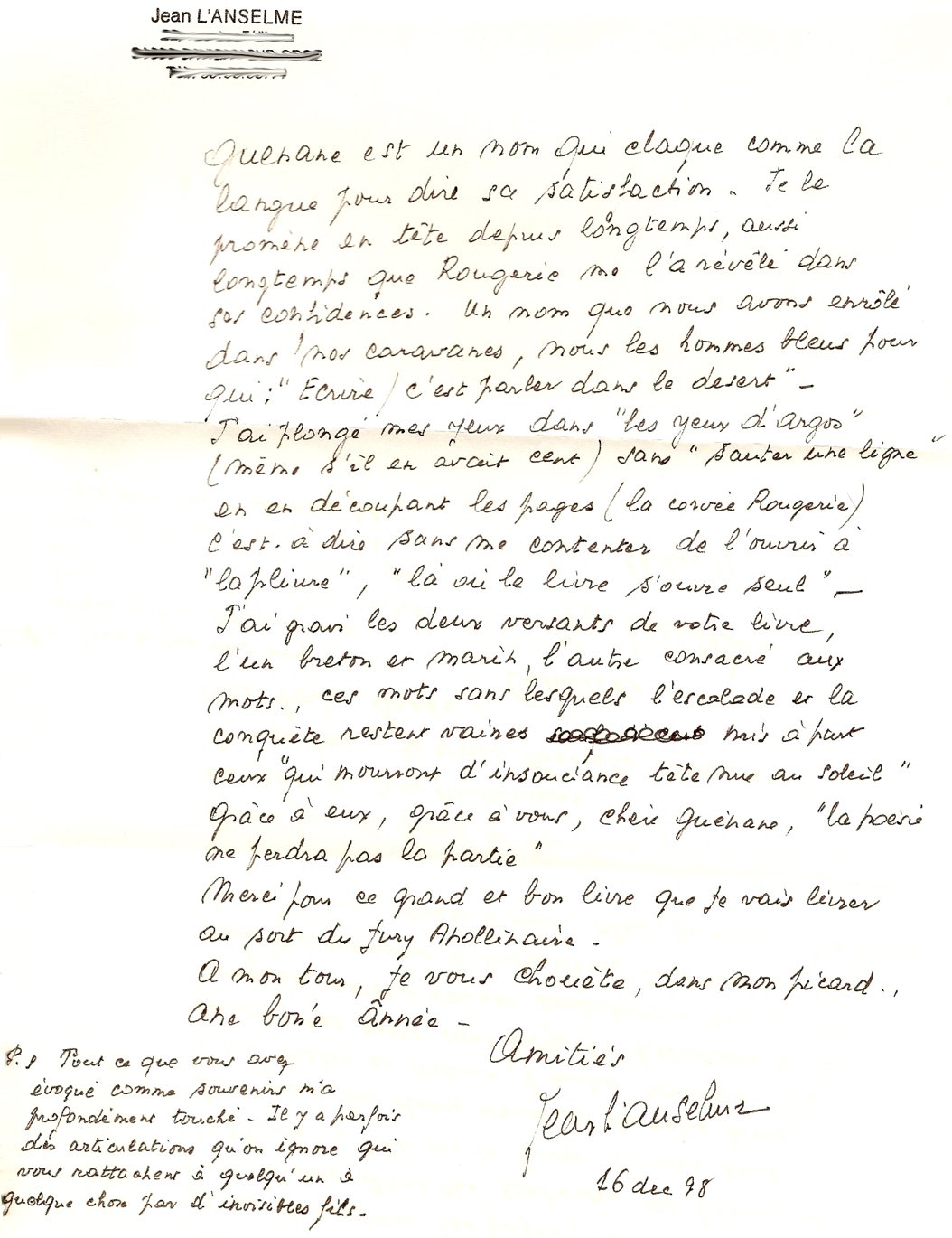 Guénane - Les Yeux D'Argos - Lettre de Jean L'Anselme, 1998.