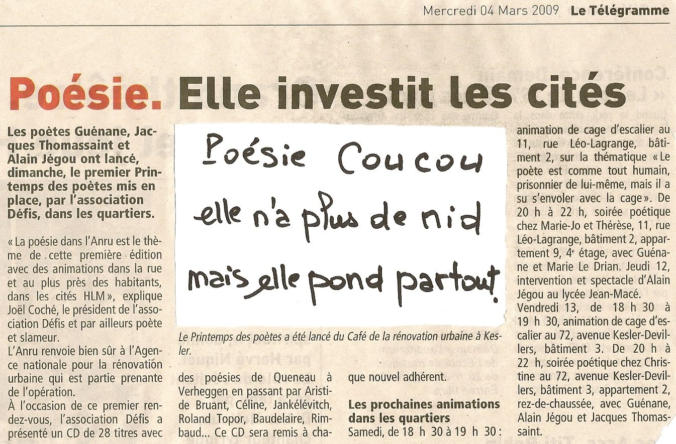 Poésie Coucou... - Le Télégramme 04 Mars 2009.
